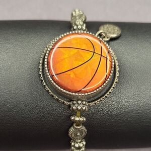 Orange Basketball Glass Cabochon Silver-Tone Women's Bracelet